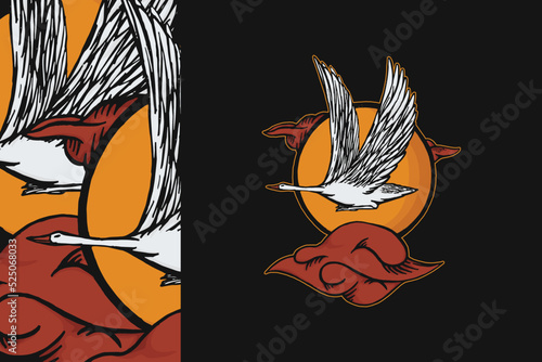Illustration of swan flying between red clouds and orange sun on black background