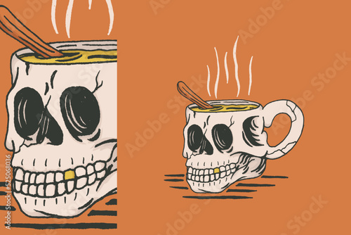 Illustration of cup with skull shape and spoon in vintage style on orange background