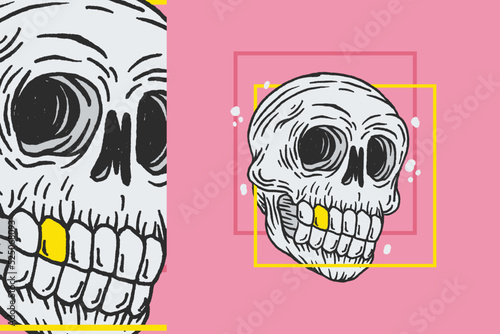 Illustration of a skull with pink and yellow stripes on a pink background