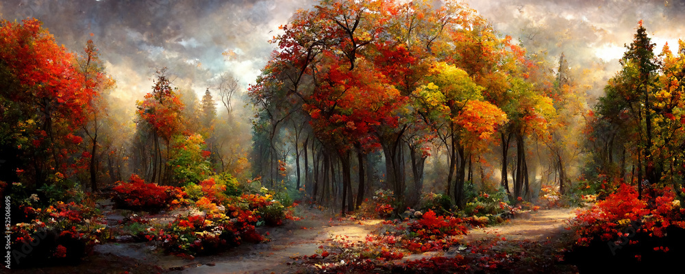 Enchanted autumn forest and a footpath, fairytale woodland - obrazy, fototapety, plakaty 