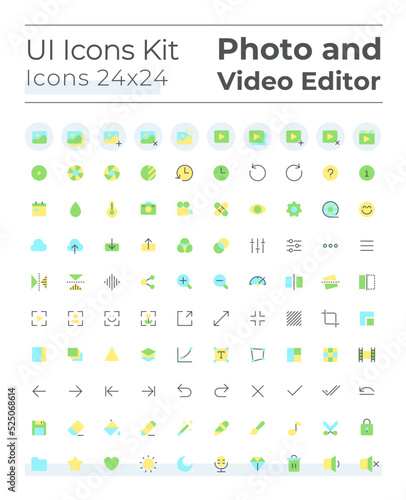 Photo and video editor tools flat color ui icons set. Multimedia files adjustment. Digital program. GUI, UX design for mobile app. Vector isolated RGB pictograms. Montserrat Bold, Light fonts used