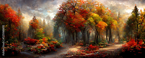 Tablou canvas Enchanted autumn forest and a footpath, fairytale woodland