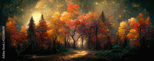 Fotografiet Very beautiful fall forest at night with an epic fall foliage