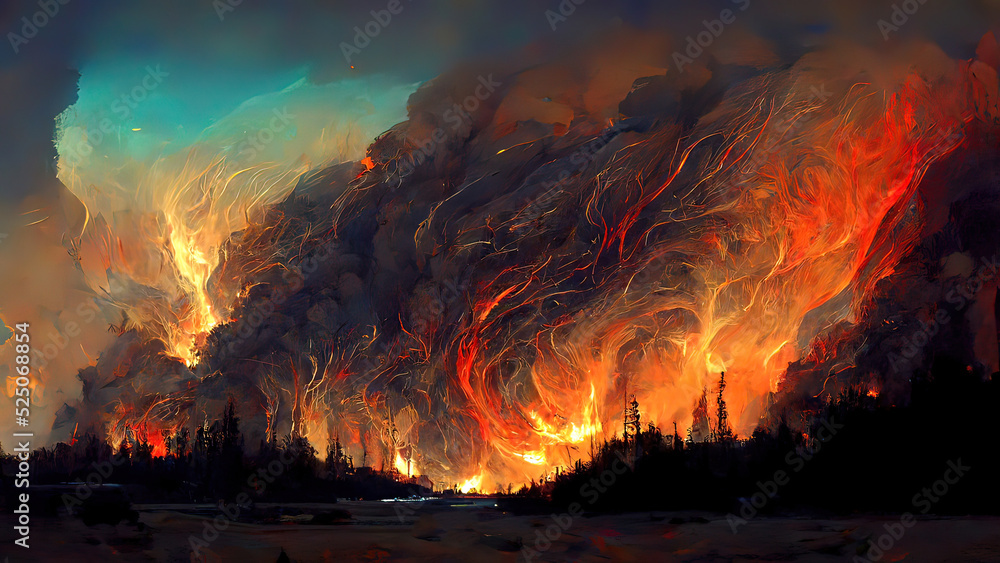 Wildfire, forest burning, 4k digital painting. Illustration of trees