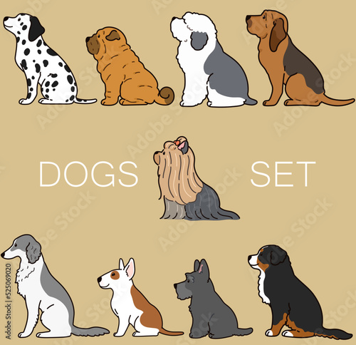 Set of outlined cute and simple dogs sitting in side view