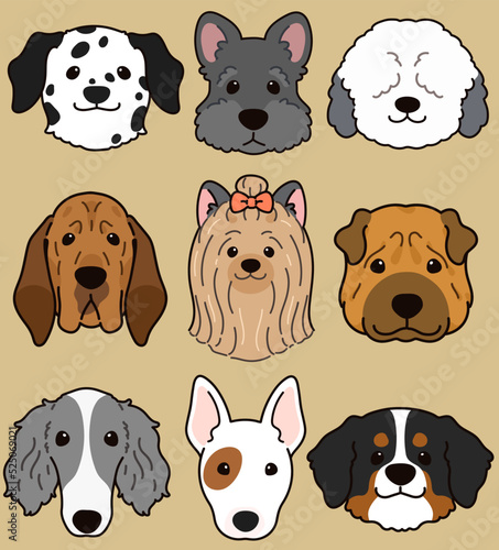 Set of outlined cute and simple dog heads