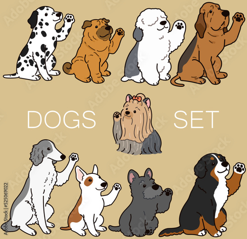 Set of outlined cute and simple dogs sitting and waving