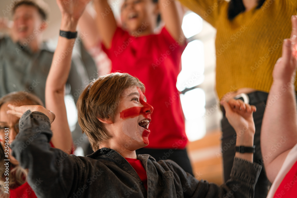 Fototapeta premium Excited football fans supproting English national team in live soccer match at stadium.