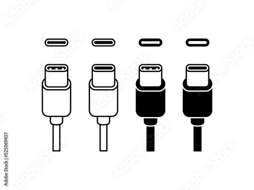 USB type-C charging cable vector symbols. Simple flat black icon set. 