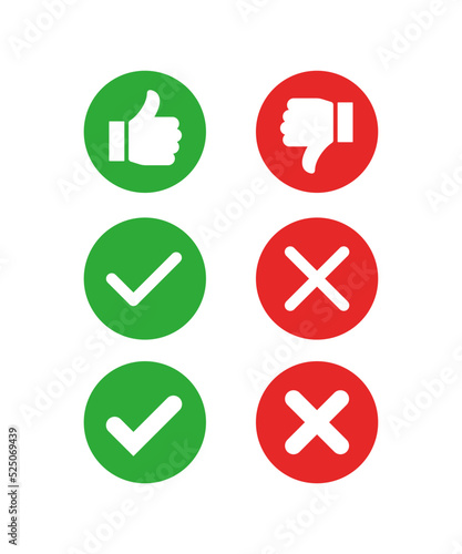 Green good thump up and red wrong thumb down symbol set. Simple flat vector icon set.