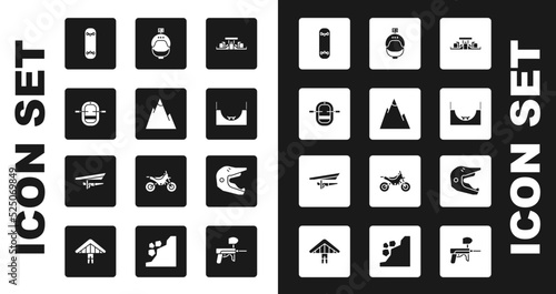 Set Formula 1 racing car, Mountains, Rafting boat, Skateboard trick, park, Helmet and action camera, Motocross motorcycle helmet and Hang glider icon. Vector
