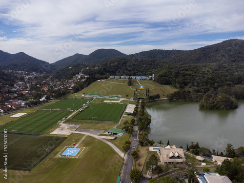 Aerial view of Granja Comary and the lake in the city of Teresópolis. Mountain region of Rio de Janeiro, Brazil. Drone photo. Brazilian Football Team and Brazilian Football Confederation photo