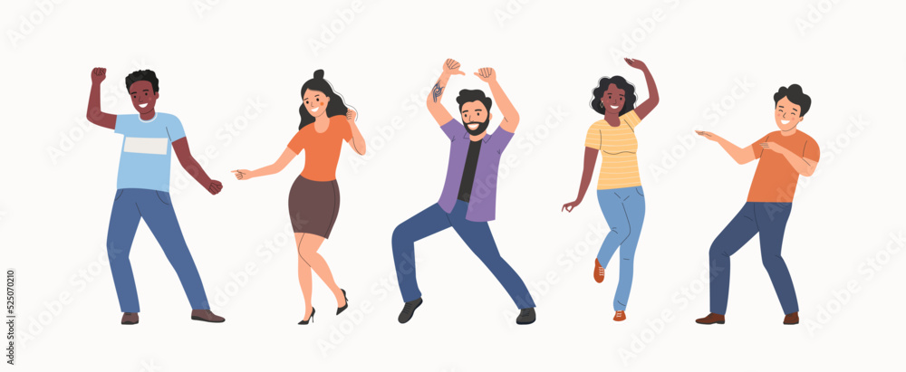 Different young women and men dancing. People stand full body. Flat style cartoon vector illustration.