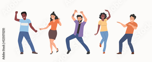 Different young women and men dancing. People stand full body. Flat style cartoon vector illustration.