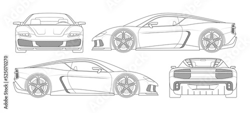 Modern sports car mockup in outlines, contours. Set of blueprints of non-existent supercar. Side, front, rear view of a sportscar isolated on white background. Vector template for coloring, branding.