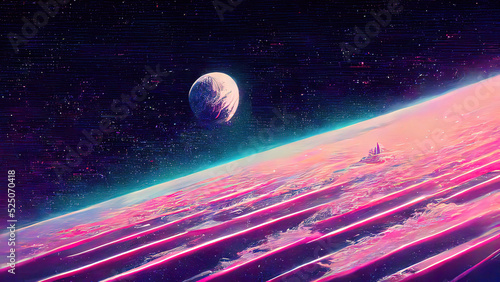 Vaporwave  synthwave  space illustration. Retro  vintage 4k digital painting of planets and space. Purple pink colors. Stars and neons. Colorful painting.