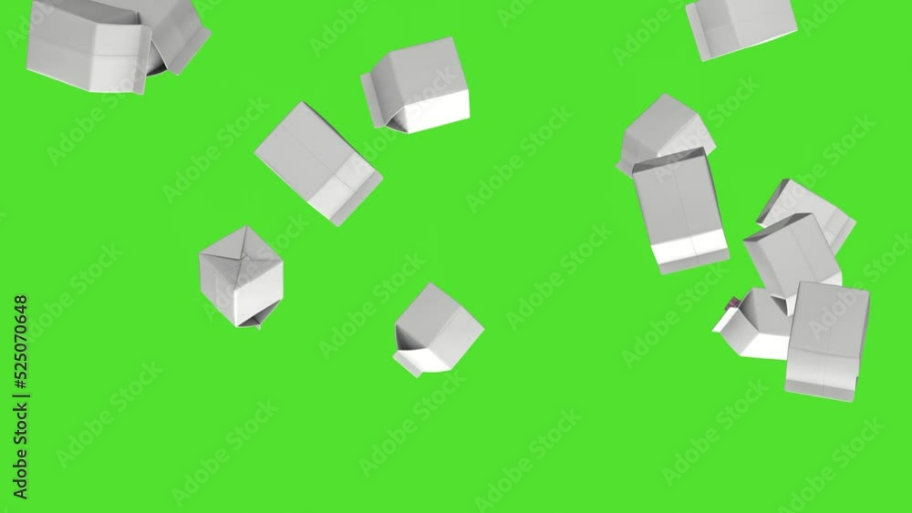 Carton for milk. Rain from cardboard boxes on a green screen. 3D animation Carton for milk. Rain from cardboard boxes on a green screen. 3D animation