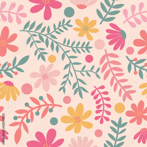Flowers, twigs and dots repeat seamless pattern background texture on light beige background