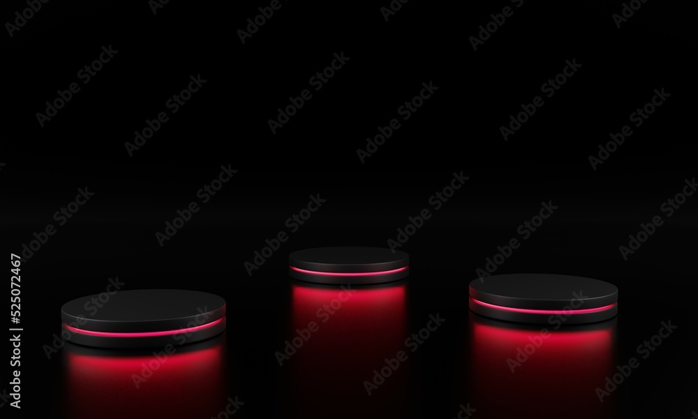 3d render podium for displaying products of three podiums with red lights on black background 3d render podium for displaying products of three podiums with red lights on black background