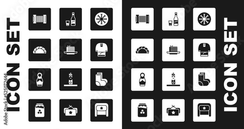 Set Snowflake, Medovik, Dumpling, Accordion, Kosovorotka, Bottle of vodka with glass, Valenki and Russian doll matryoshka icon. Vector