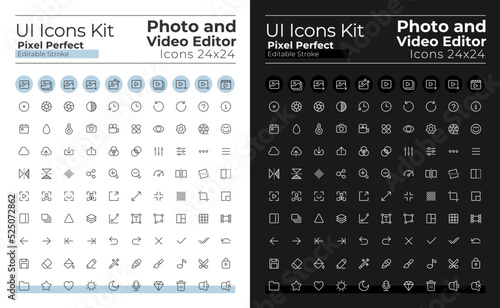 Photo and video editor tools pixel perfect linear ui icons set for dark, light mode. Outline isolated user interface elements for night, day themes. Editable stroke. Montserrat Bold, Light fonts used