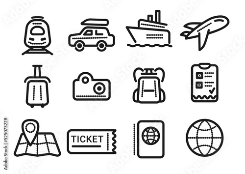 Travel Line Icons, vocation signs for web development apps, websites, infographics, design elements. Contains such icons as train, car, cruise ship, plane, suitcase, camera, backpack, map, ticket, pas