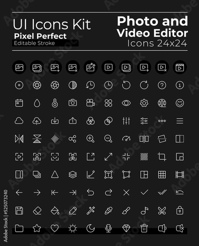 Photo and video editing pixel perfect white linear ui icons set for dark theme. Isolated user interface symbol for night mode. Vector line pictogram. Editable stroke. Montserrat Bold, Light fonts used