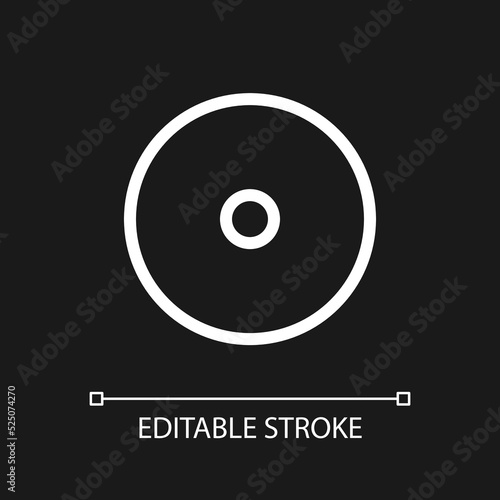 Disc storage pixel perfect white linear ui icon for dark theme. Data record device. Vector line pictogram. Isolated user interface symbol for night mode. Editable stroke. Arial font used