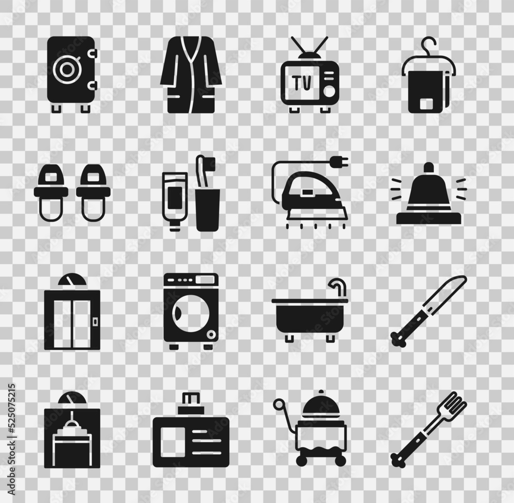 Set Fork, Knife, Hotel service bell, Retro tv, Toothbrush and toothpaste, slippers, Safe and Electric iron icon. Vector Set Fork, Knife, Hotel service bell, Retro tv, Toothbrush and toothpaste, slippers, Safe and Electric iron icon. Vector