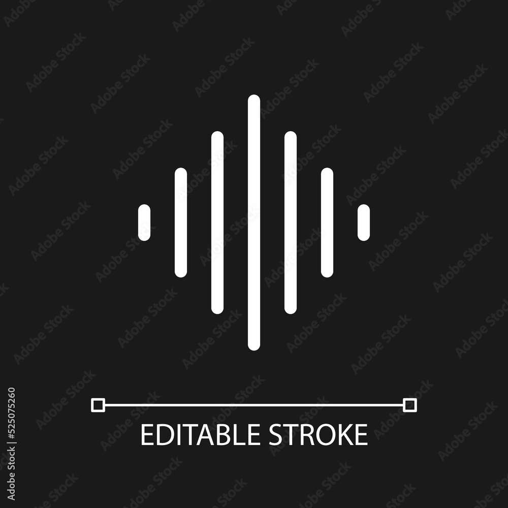 Obraz premium Sound wave pixel perfect white linear ui icon for dark theme. Audio track of film. Record voice. Vector line pictogram. Isolated user interface symbol for night mode. Editable stroke. Arial font used