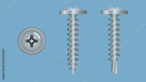 Two types of self-tapping screws. Top and side view on blue background
