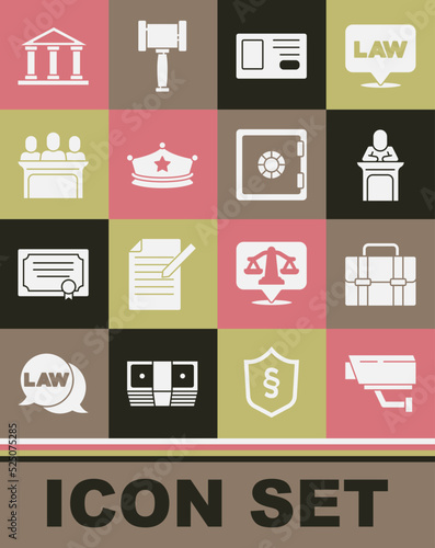 Set Security camera, Briefcase, Judge, Identification badge, Police cap with cockade, Jurors, Courthouse building and Safe icon. Vector