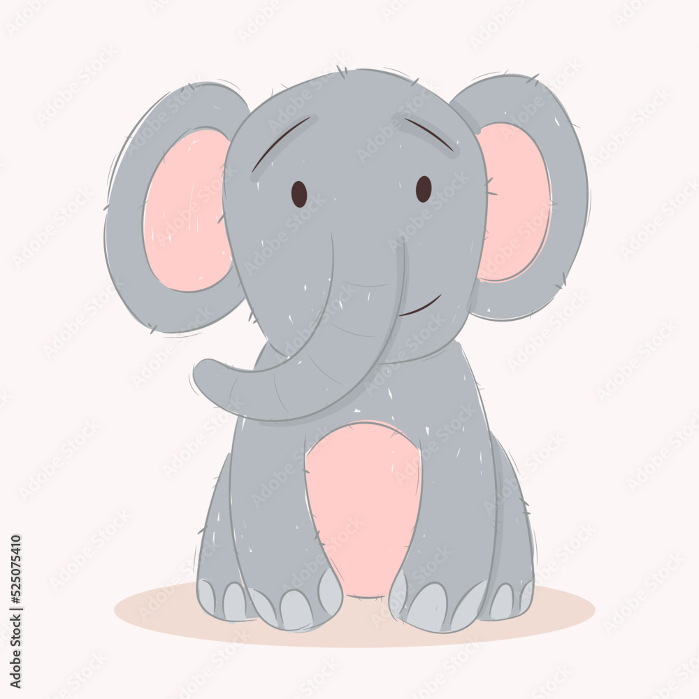 Fototapeta premium Cute funny baby elephant. Wild african adorable animal character for design of album, scrapbook, card and invitation. Hand draw cartoon colorful vector illustration.