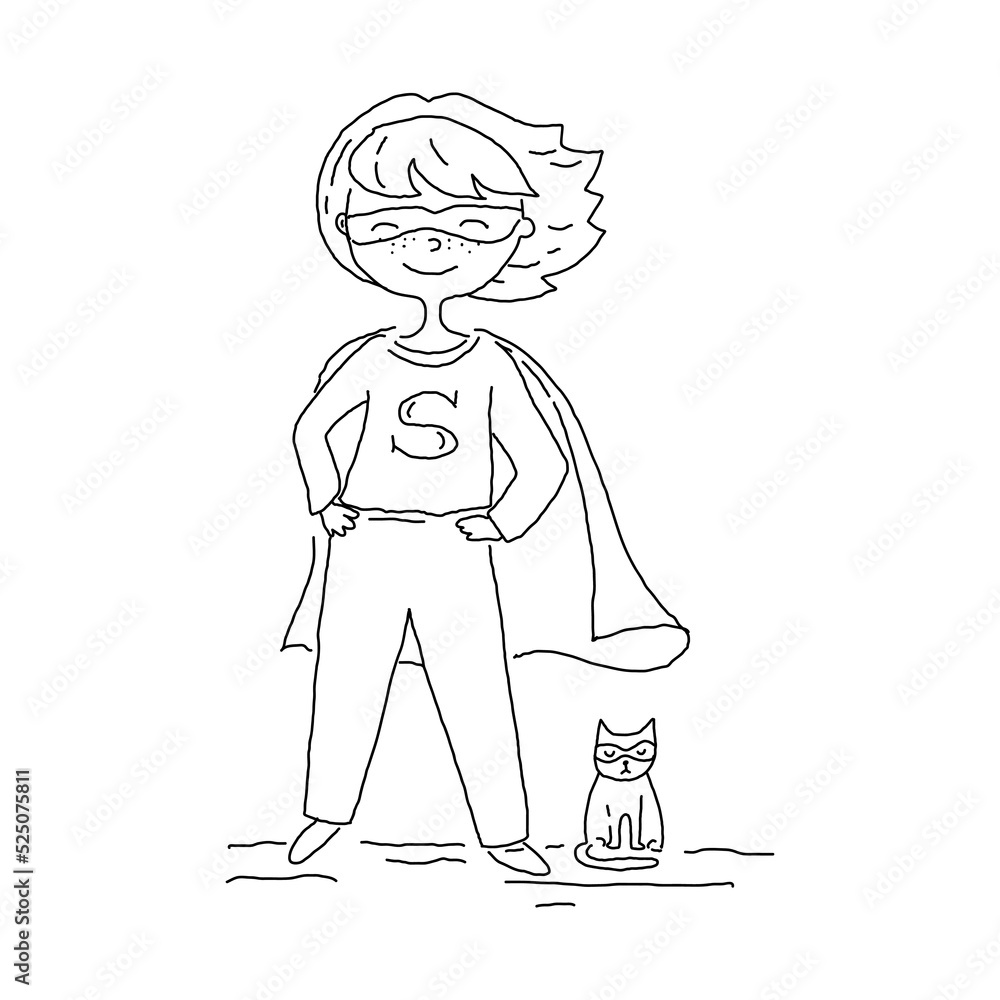 Hand drawn super girl and super cat. Sketch. Collection. Hand drawn super girl and super cat. Sketch. Collection.