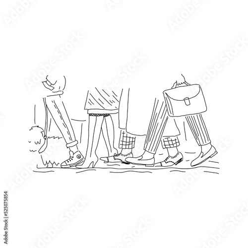 Doodle hand drawn illustration. Legs of passers-by who walk down the street. Collection.
