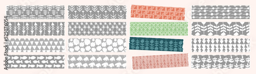 Washi tape rip with monochrome scandinavian pattern flat vector illustration. Scotch or sellotape for scrapbooking collage. Craft sticker textured design element isolated on white. Paper torn shape