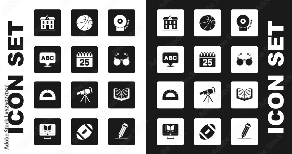 Set Ringing alarm bell, Calendar, Alphabet, School building, Glasses, Basketball ball, Open book and Protractor grid icon. Vector Set Ringing alarm bell, Calendar, Alphabet, School building, Glasses, Basketball ball, Open book and Protractor grid icon. Vector