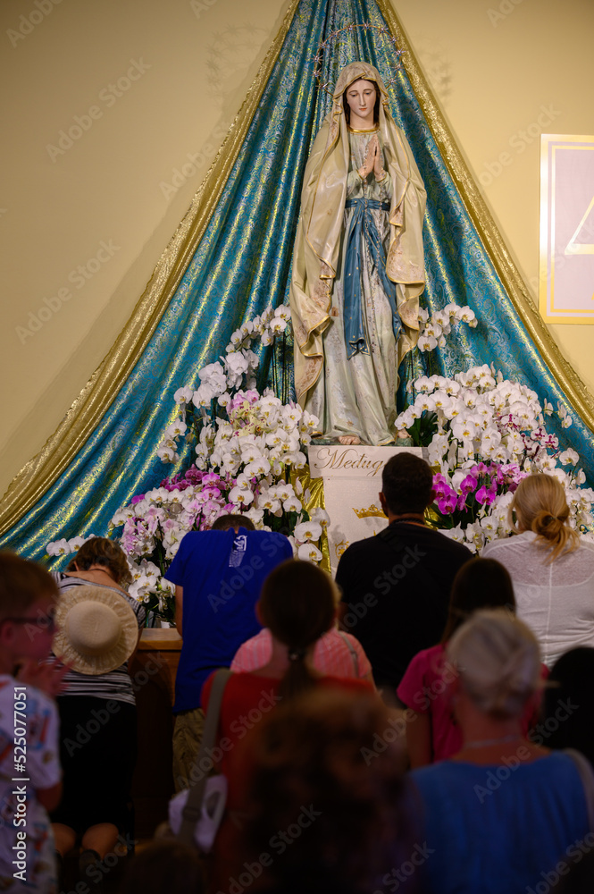 Statue of the Virgin Mary, the Queen of Peace, in the St James church in Medjugorje, Bosnia and Herzegovina. 2021/08/02.