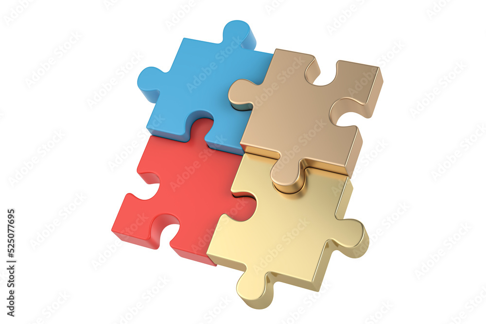 Gold and steel puzzle pieces on white background.3D illustration. Gold and steel puzzle pieces on white background.3D illustration.