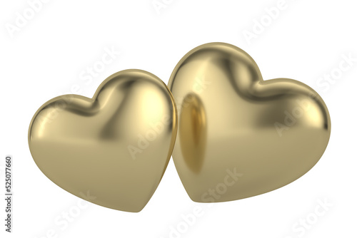 Two golden hearts isolated on white background. 3D illustration.