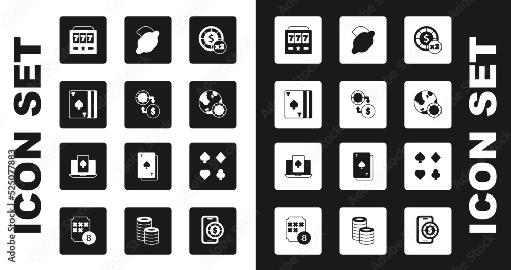 Set Casino chips, exchange on money, Deck of playing cards, Slot machine with jackpot, slot lemon, and Online poker table game icon. Vector Set Casino chips, exchange on money, Deck of playing cards, Slot machine with jackpot, slot lemon, and Online poker table game icon. Vector
