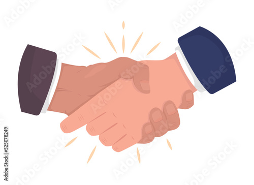 Businessmen handshake semi flat color vector hand gesture. Editable pose. Human body part on white. Make agreement cartoon style illustration for web graphic design, animation, sticker pack