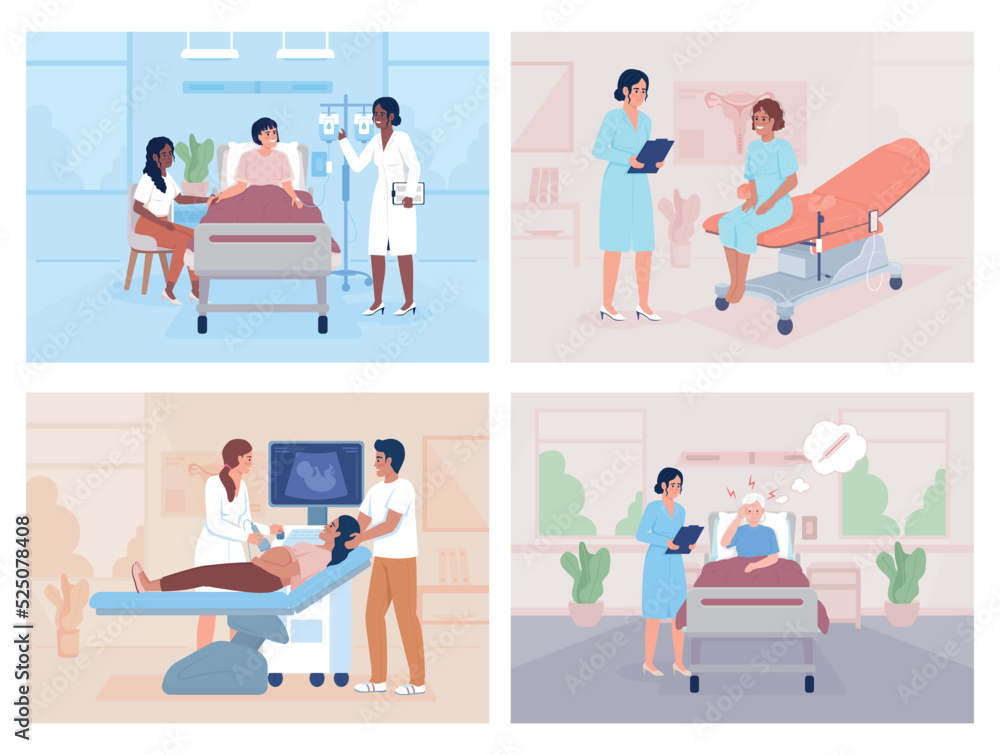 Patients examination in hospital flat color vector illustrations set. Doctor appointment. Healthcare. Fully editable 2D simple cartoon characters with clinic interior on background collection