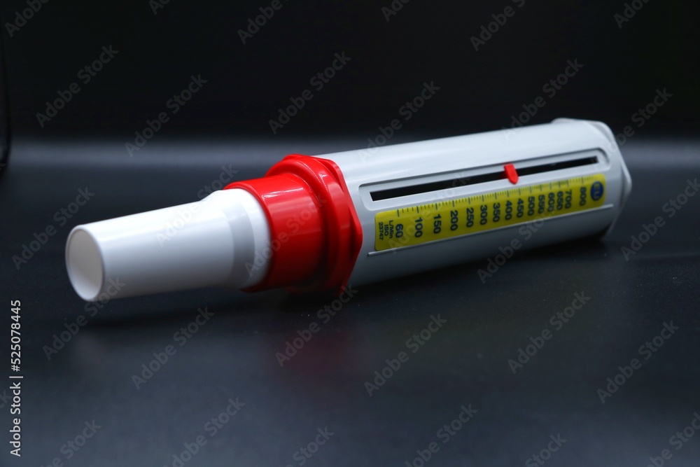 A peak flow meter shows a reading on its guage meter. A peak flow test