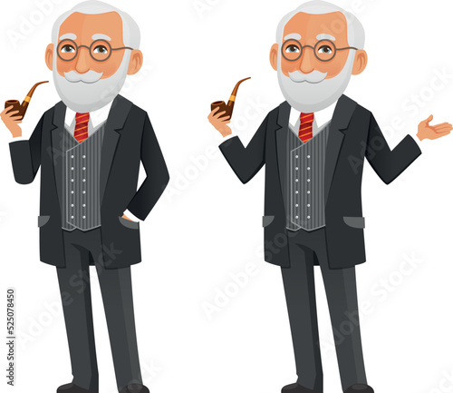 funny cartoon professor or scientist in a elegant black suit, holding a smoking pipe.