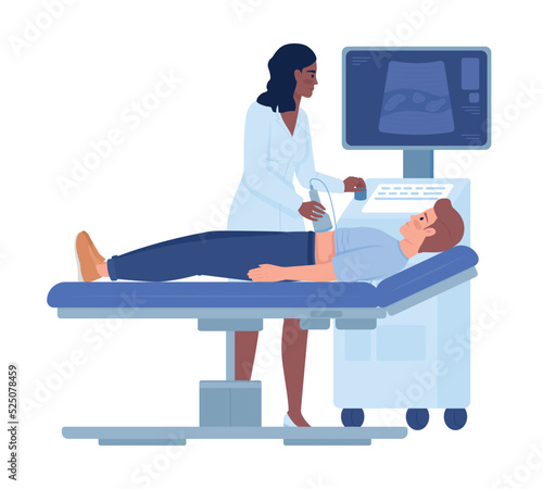 Doctor using ultrasound scanner semi flat color vector characters. Editable figures. Full body people on white. Medicine simple cartoon style illustrations for web graphic design and animation