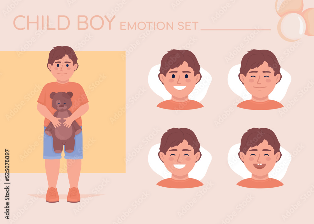Happy little boy semi flat color character emotions set. Editable facial expressions. Childhood vector style illustration for motion graphic design and animation. Quicksand font used Happy little boy semi flat color character emotions set. Editable facial expressions. Childhood vector style illustration for motion graphic design and animation. Quicksand font used
