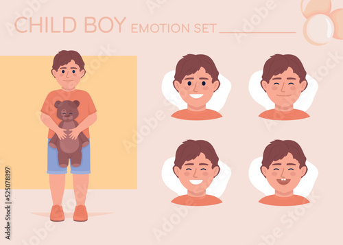 Happy little boy semi flat color character emotions set. Editable facial expressions. Childhood vector style illustration for motion graphic design and animation. Quicksand font used