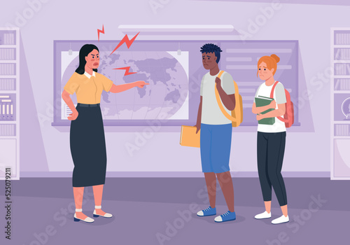 Angry tutor scolding guilty students flat color vector illustration. Breaking college rules. Troublemakers punishment. Fully editable 2D simple cartoon characters with auditorium on background