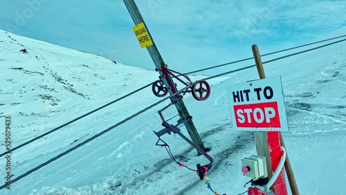 Emergency stop button on the ski slope at Hanmer Ski area to stop the nutcracker cable lift. photo
